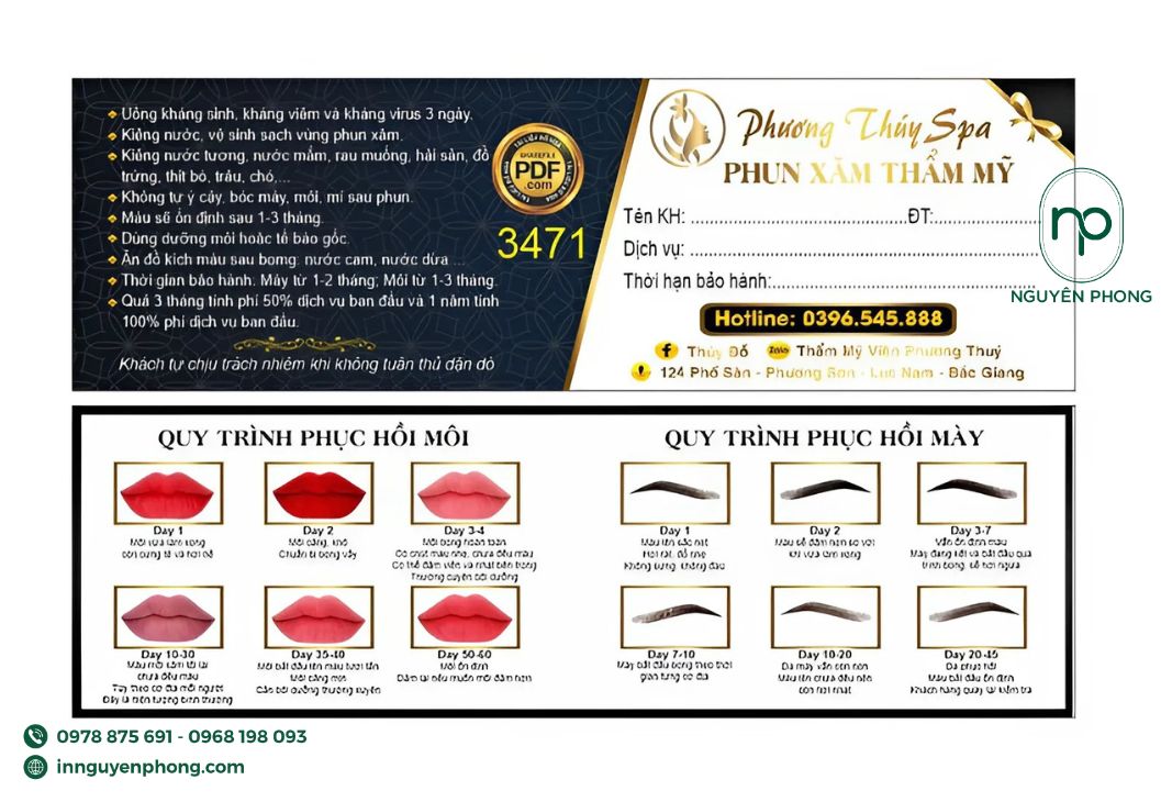 in thẻ bảo hành phun xăm với đầy đủ thông tin